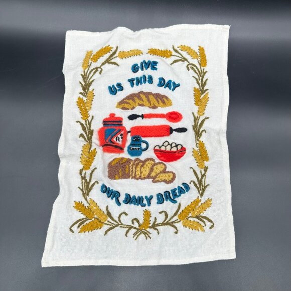 Crewel Embroidered Wall Hanging Hand Towel Give Us This Day Our Daily Bread - Picture 2 of 5